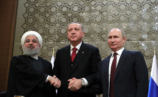 Встреча Владимира Путина с Президентом Ирана Хасаном Рухани и Президентом Турции Реджепом Тайипом Эрдоганом. 2018 