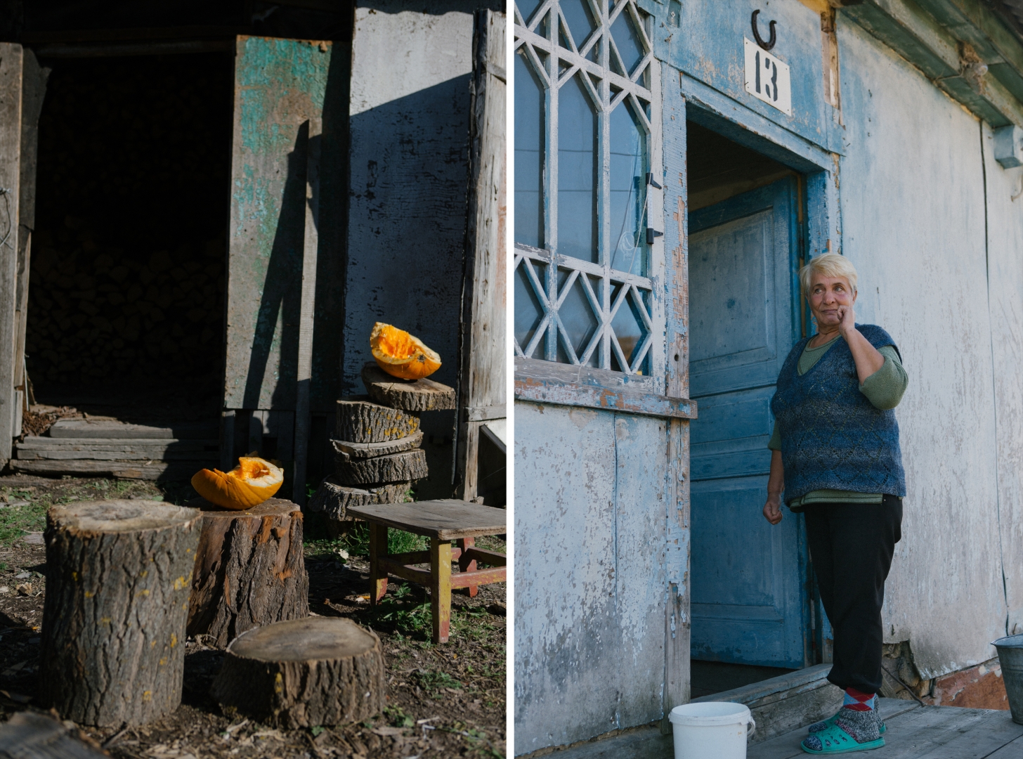 Слева: дворик частного дома. Справа: Галина, жительница села, переехала с мужем в Костенки в 2012 году из Мурманска
