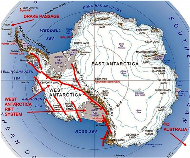 Рис. 5. Рифт Антарктиды и главные тектонические разломы