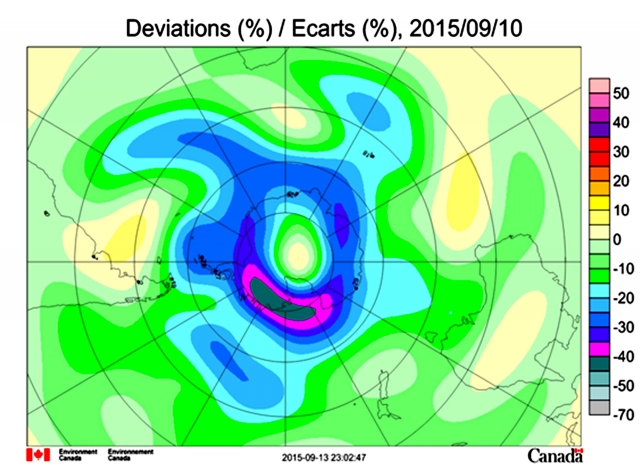 Рис. 6. Крупная отрицательная аномалия общего содержания озона в атмосфере над Западным Антарктическим рифтом и тектоническими разломами по границам континента (10 сентября 2015 г.)