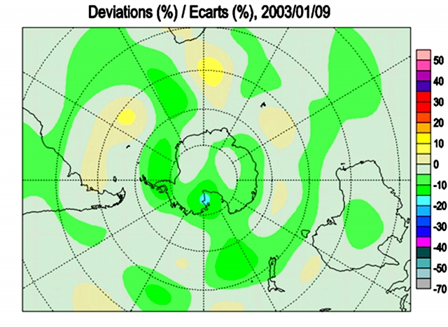 Рис. 10. Озоновые аномалии общего содержания озона в атмосфере над Антарктикой 9 января 2003 г., в день землетрясения с М 5,1 (эпицентр с координатами 60,03° с.ш. и 57,98° з.д. расположен у северной оконечности Антарктического полуострова)