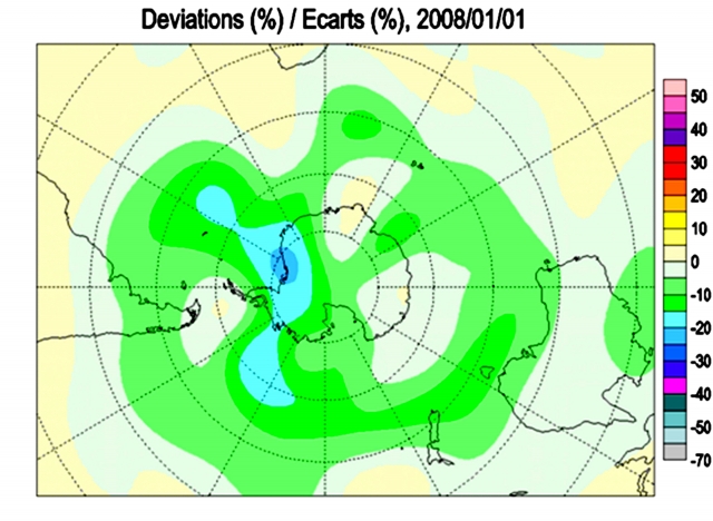 Рис. 11. Озоновые аномалии общего содержания озона в атмосфере над Антарктикой 1 января 2008 г. перед землетрясением с М 4,4 (эпицентр с координатами 61,24° с.ш. и 58,52° з.д. расположен у северной оконечности Антарктического полуострова)