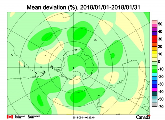 Рис. 14. Незначительные отклонения общего содержания озона от нормы в атмосфере над Антарктикой в январе 2018 г., когда в районе Антарктического полуострова не было зарегистрировано землетрясений с М ≥ 3