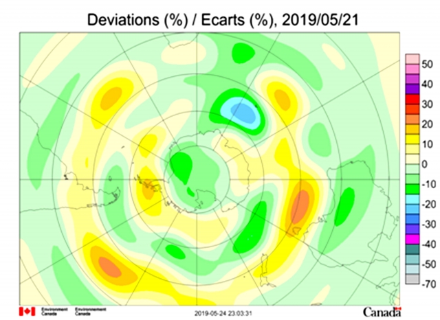 Рис. 26. Аномалии общего содержания озона в атмосфере 21 мая 2019 г. при суточном максимуме роста морских льдов