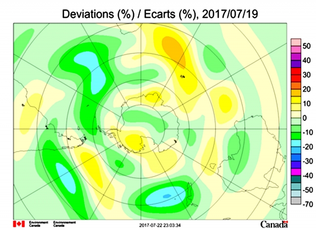 Рис. 27. Аномалии общего содержания озона в атмосфере 19 июля 2017 г. при суточном максимуме роста морских льдов