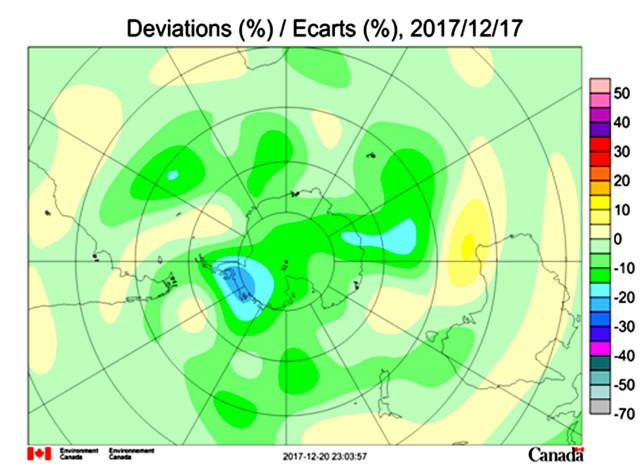 Рис. 24. Отрицательные аномалии общего содержания озона в атмосфере 17 декабря 2017 г