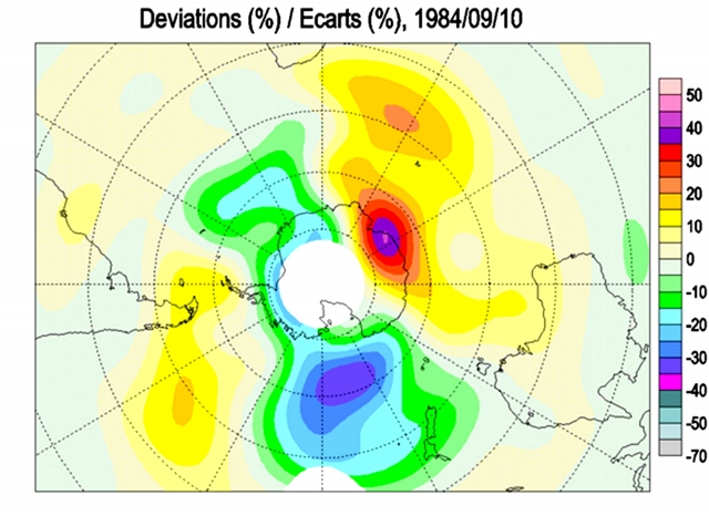 Рис. 31. Аномалии общего содержания озона в атмосфере 10 сентября 1984 г. перед активизацией вулкана Эребус