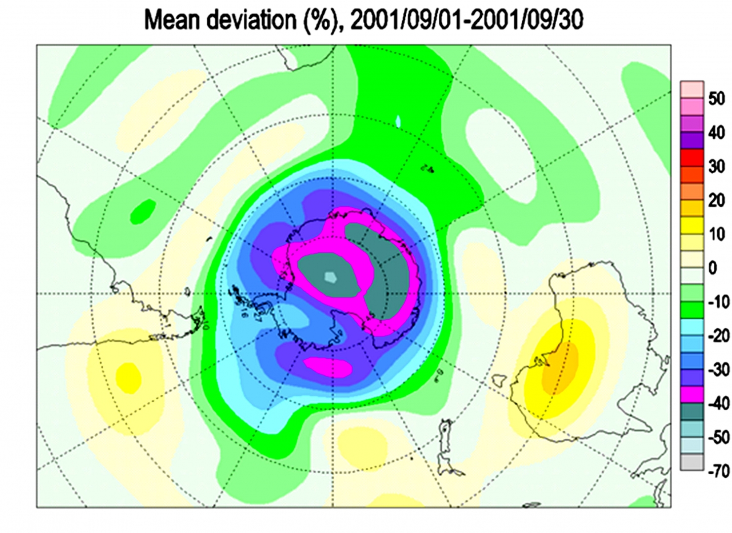 Рис. 39. Озоновая аномалия в сентябре 2001 г