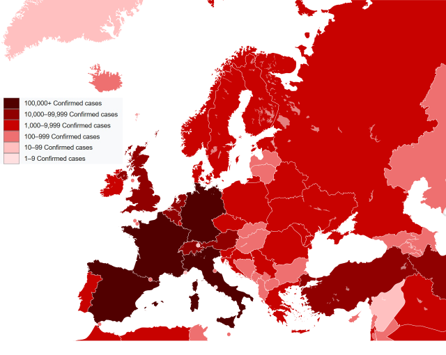 Карта заражения COVID-19 в Европе в Марте 2020