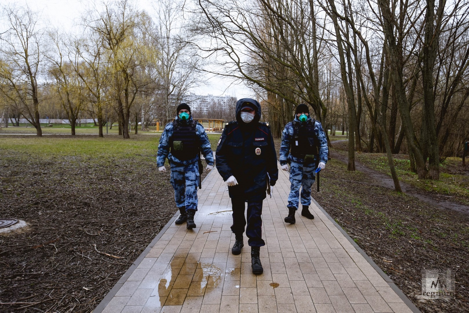 Сотрудники ОМОН и полиции патрулируют московский парк