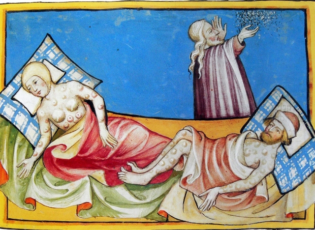 Шестая казнь египетская. Чума. Миниатюра из тоггенбургской Библии (Швейцария) 1411 года