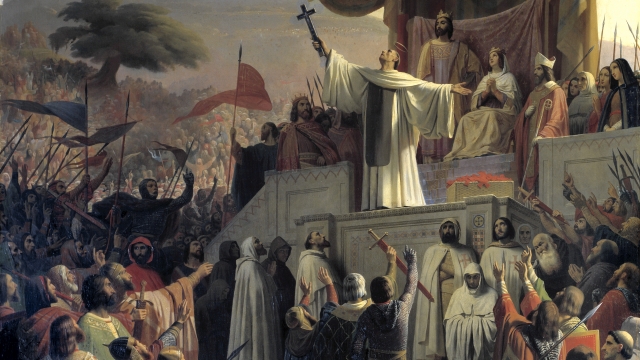 Эмиль Синьоль. Сен-Бернар проповедует Второй крестовый поход перед королем Людовиком VII, его королевой Элеонорой Аквитанской и аббатом Сугером в Везле в Бургундии 31 марта 1146 г. 1840 г