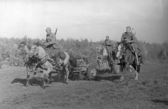 Леонид Великжанин. Артиллеристы 2-го гвардейского кавалерийского корпуса Брянского фронта на марше. Сентябрь 1943