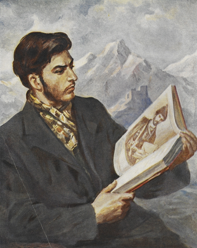 Irakli Toidze.  O jovem Stalin lê o poema de Sh. Rustaveli "O Cavaleiro na Pele de Pantera".  Frontispício do livro "Antologia da Poesia Georgiana".  1948