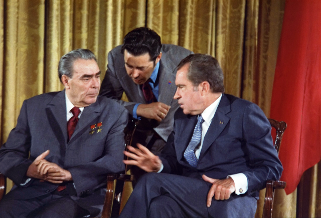 Leonid Brezhnev e Richard Nixon em Washington, 1973;  era um sinal de um possível desenlace entre a URSS e os EUA