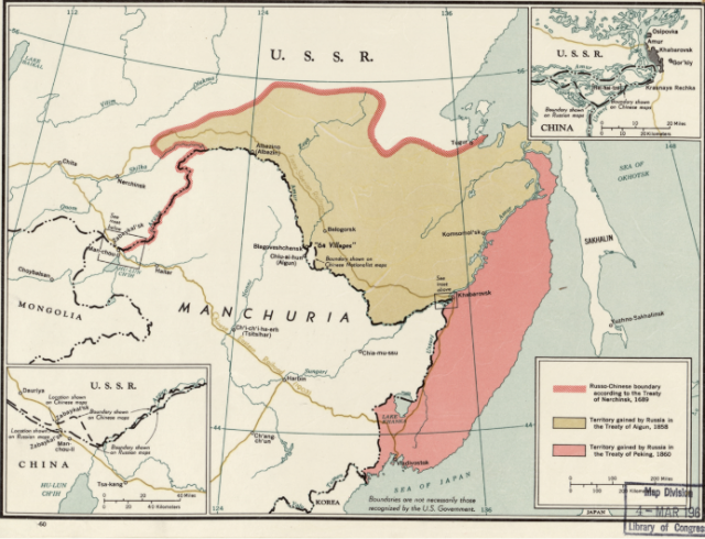 Территории, отошедшие к России по:
   Айгунскому договору 1858 года 
   Пекинскому договору 1860 года 
