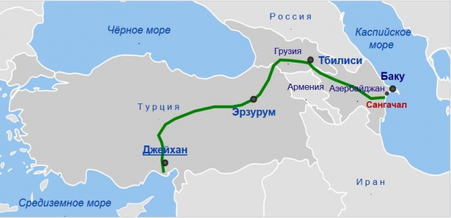 Карта расположения нефтепровода Баку — Тбилиси — Джейхан 