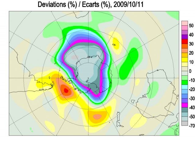 Рис. 4. Озоновая дыра 11 октября 2009 г