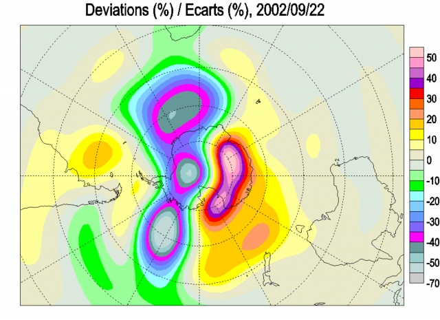 Рис. 5. Отклонение содержания озона от среднего 29 сентября 2002 г