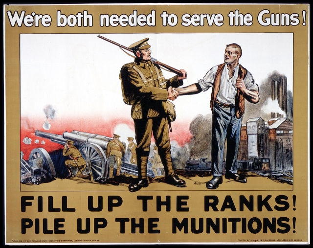 Мы оба необходимы, чтобы стрелять из орудий! Вступай в армию! Умножай боеприпасы! Британский плакат. 1915
