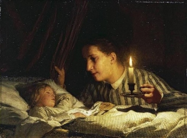 Альберт Анкер. Юная мать у постели спящего ребенка. 1875