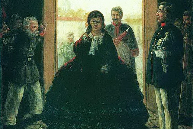 Леонид Соломаткин. Губернаторша, входящая в церковь (фрагмент). 1864
