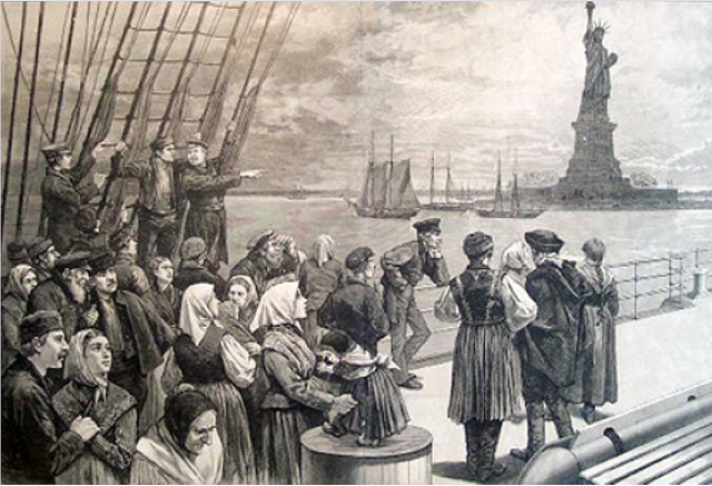 Иммигранты на палубе корабля, проходящего мимо статуи Свободы. 1887