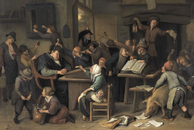 Ян Стен. Школьный класс со спящим учителем. 1672
