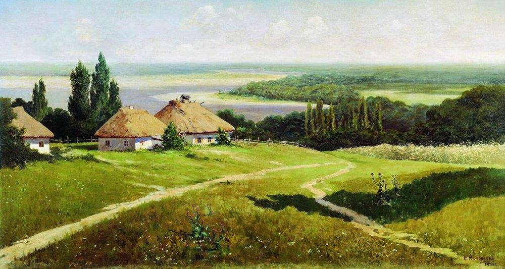 Константин Маковский. Украинский пейзаж с хатами. 1901