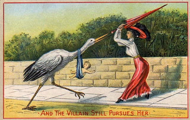 Почтовая открытка начала XX века изображает проблему незапланированной беременности. Надпись: «И злодей (аист с ребёнком) всё преследует её»