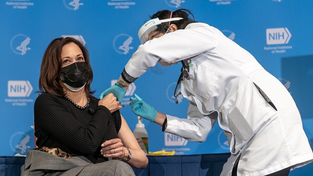 Вице-президент США Камала Харрис прививается от коронавируса вакциной Moderna
