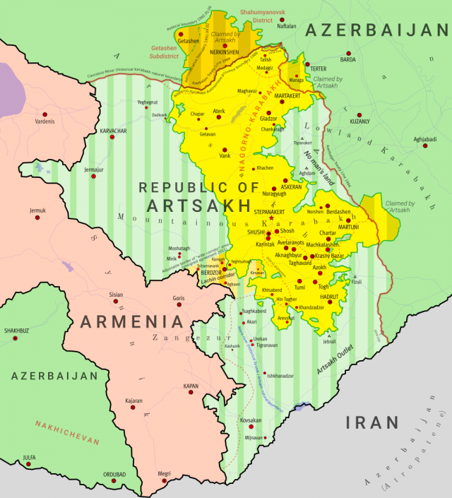 Карта НКР и прилегающих территорий до начала 2-й карабахской войны 