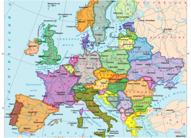 Рис. 7. Карта Европы со странами и столицами