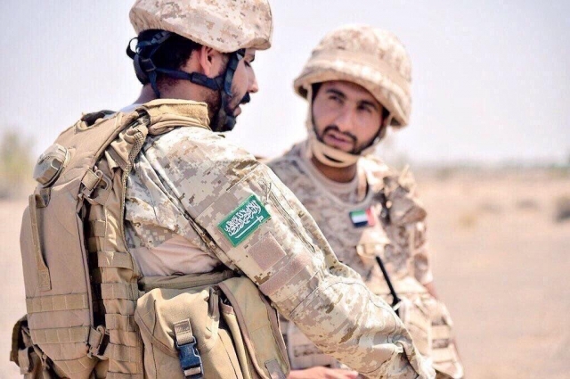 Саудовский солдат из Первой воздушно-десантной бригады беседует с солдатом Эмиратов в Йемене 