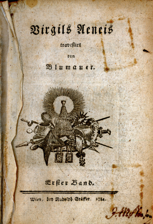 Титульный лист первого издания «Пародии на Энеиду Вергилия» Алоиса Блюмауэра. 1784