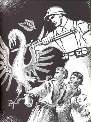 Красноармеец поражает польского орла, освобождая от гнёта украинских и белорусских крестьян. Советский плакат (1939)