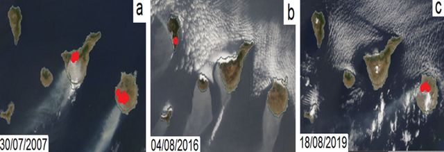 Рис. 2. Антропогенные пожары на Канарских островах (a) в 2007 г.; (b) в 2016 г. и © в 2019 г