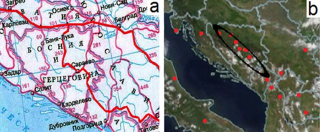 Рис. 4. (a) карта дорог на Балканах; (b) пожары 21.04.2007