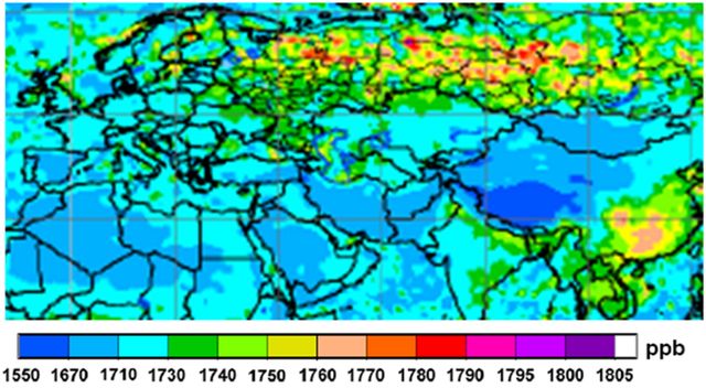 Рис. 10. Среднее содержание CH4 в атмосфере 2003–2005 гг.