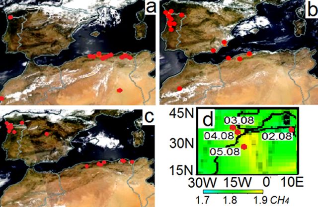 Рис. 30. (a–c) пожары в Испании и Гибралтарском проливе; (d–f) аномалии содержания озона; (h) метеоданные г. Севилья