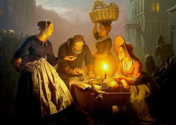Петрус ван Шендель. Рынок при свете свечей (фрагмент). 1844