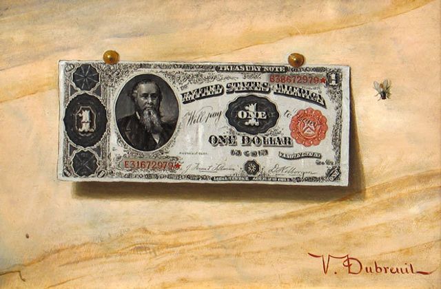 Виктор Дюбрей. Натюрморт с долларовой купюрой и мухой. 1891