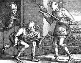 Питер Брейгель Старший. Два шута, забавляющиеся шутовскими жезлами. 1562