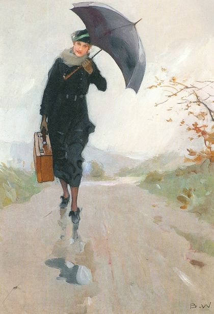 Бриньольф Веннерберг. Молодая женщина с зонтиком и чемоданом. 1920