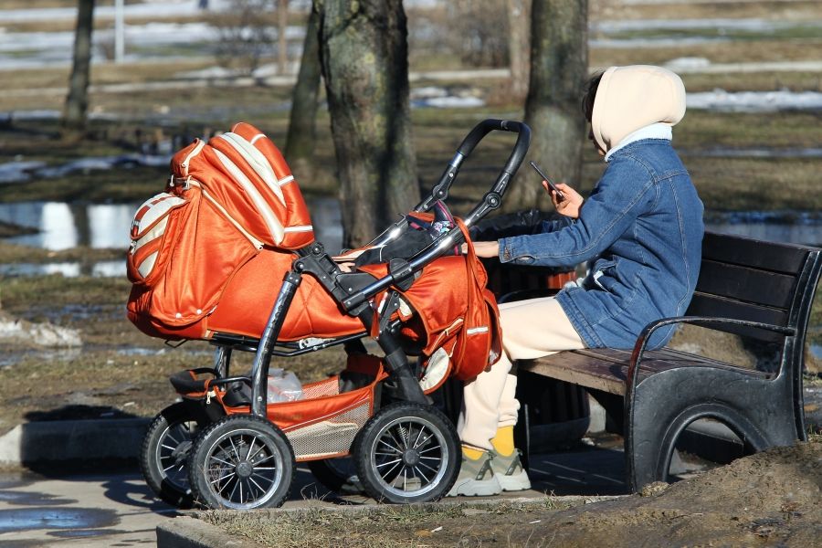 Женщина с коляской в парке